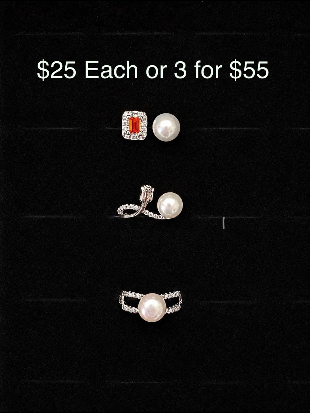 3 for $55 NWT Silver Tone Floral Pearl Ring | CZ Adjustable Open Ring